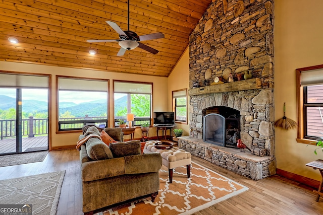 2608 The Rdgs, Hiawassee, GA 30546 - living room with a fireplace, hardwood / wood-style floors, a ceiling fan, wood ceiling, and baseboards