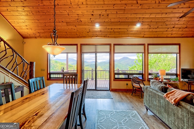 2608 The Rdgs, Hiawassee, GA 30546 - dining room with healthy amount of natural light, wood ceiling, hardwood / wood-style flooring, and lofted ceiling
