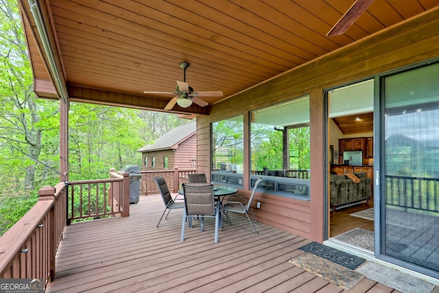 2608 The Rdgs, Hiawassee, GA 30546 - wooden deck featuring outdoor dining area, ceiling fan, and a grill