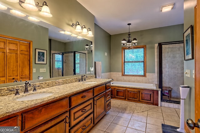 2608 The Rdgs, Hiawassee, GA 30546 - full bathroom featuring tile patterned floors, a shower stall, double vanity, a bath, and plenty of natural light