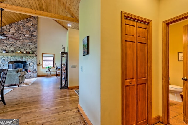 2608 The Rdgs, Hiawassee, GA 30546 - hall with wooden ceiling with exposed beams, light wood-style flooring, high vaulted ceiling, and baseboards