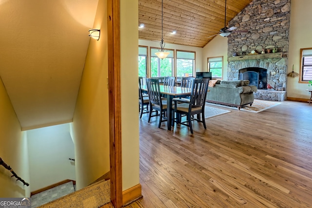 2608 The Rdgs, Hiawassee, GA 30546 - dining room featuring hardwood / wood-style floors, a stone fireplace, wooden ceiling, baseboards, and high vaulted ceiling