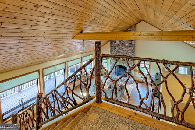 2608 The Rdgs, Hiawassee, GA 30546 - stairs featuring wood ceiling, lofted ceiling, and wood finished floors