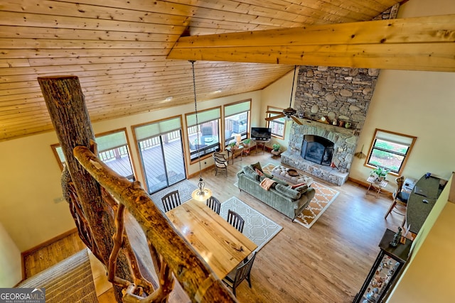 2608 The Rdgs, Hiawassee, GA 30546 - living room with wood finished floors, ceiling fan, a fireplace, wooden ceiling, and high vaulted ceiling