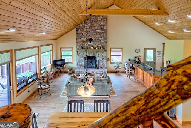 2608 The Rdgs, Hiawassee, GA 30546 - living room with wood ceiling, a fireplace, baseboards, recessed lighting, and wood finished floors