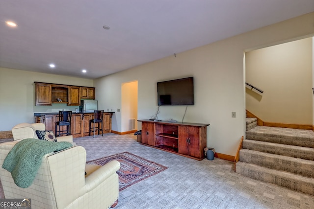 2608 The Rdgs, Hiawassee, GA 30546 - carpeted living area with stairway, recessed lighting, baseboards, and wet bar