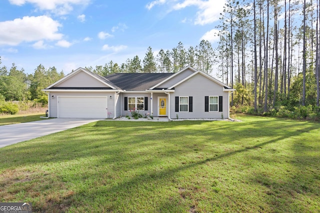 single story home with a front yard, driveway, and an attached garage