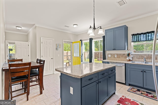 kitchen featuring a chandelier, light tile patterned floors, dishwasher, a sink, and visible vents