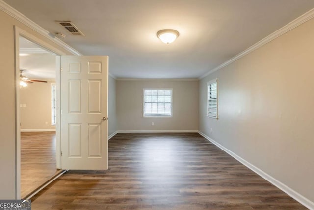 110 Valley View Ct, Tyrone, GA 30290 - unfurnished room featuring dark wood-style flooring, ornamental molding, and ceiling fan
