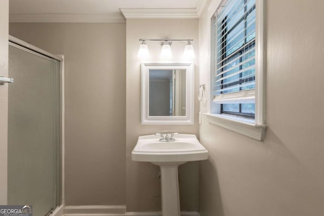 110 Valley View Ct, Tyrone, GA 30290 - bathroom with a stall shower, a wealth of natural light, and crown molding
