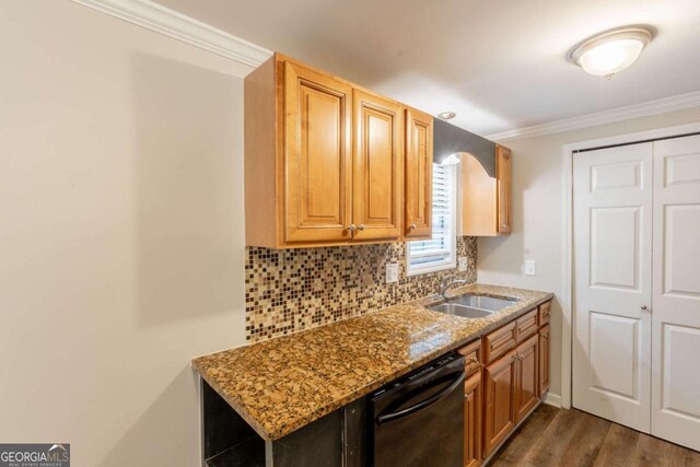 110 Valley View Ct, Tyrone, GA 30290 - kitchen with black dishwasher, light stone counters, dark wood finished floors, a sink, and decorative backsplash