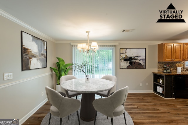110 Valley View Ct, Tyrone, GA 30290 - dining space with baseboards, ornamental molding, dark wood finished floors, an inviting chandelier, and visible vents