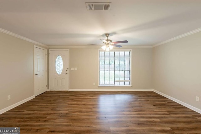 110 Valley View Ct, Tyrone, GA 30290 - foyer featuring ceiling fan, visible vents, ornamental molding, and dark wood-type flooring