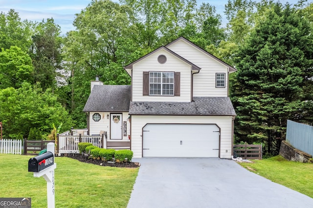 1029 Megan Ct, Sugar Hill, GA 30518 - traditional home with an attached garage, concrete driveway, a shingled roof, and a chimney