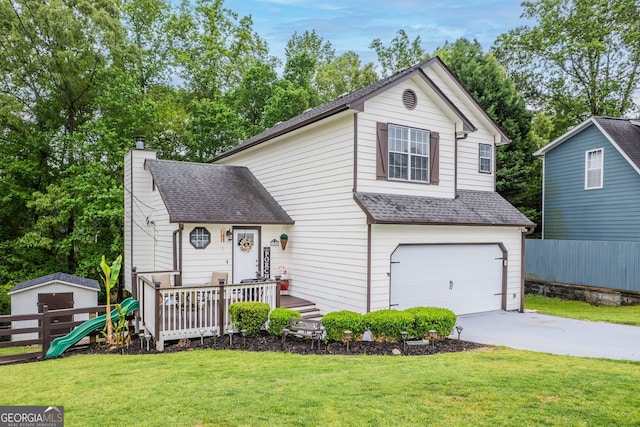 1029 Megan Ct, Sugar Hill, GA 30518 - traditional-style home featuring a garage, a shingled roof, a chimney, driveway, and a storage shed