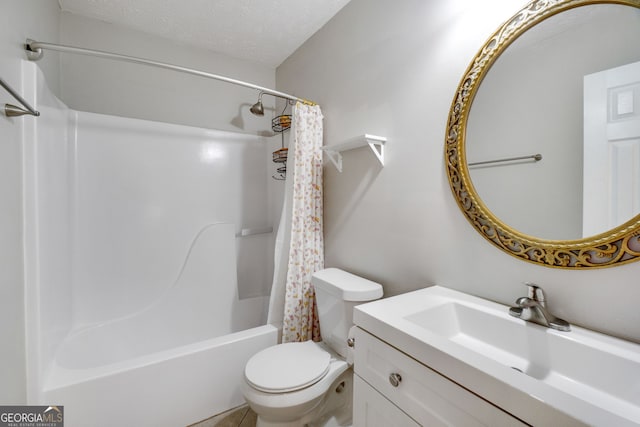 1029 Megan Ct, Sugar Hill, GA 30518 - bathroom featuring toilet, vanity, shower / tub combo, and a textured ceiling