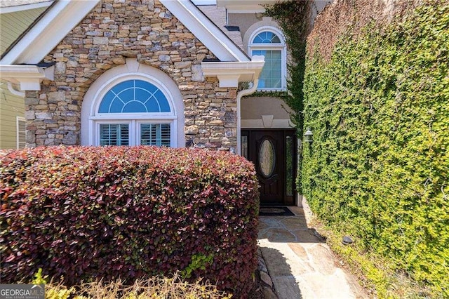 entrance to property with stone siding
