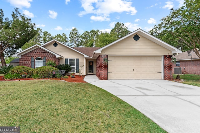 single story home with driveway, an attached garage, and brick siding