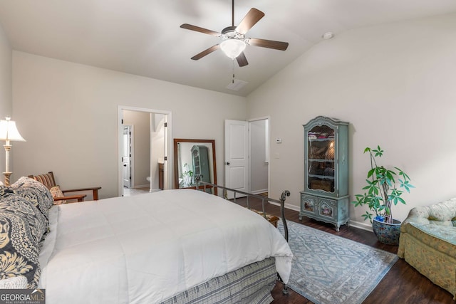 bedroom featuring wood finished floors, connected bathroom, baseboards, high vaulted ceiling, and a ceiling fan