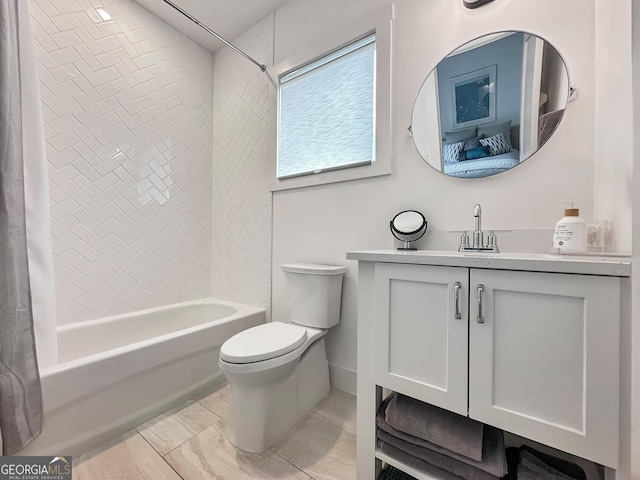 300 Mado Ln, Chattahoochee Hills, GA 30268 - bathroom featuring shower / bath combo, vanity, toilet, and marble finish floor