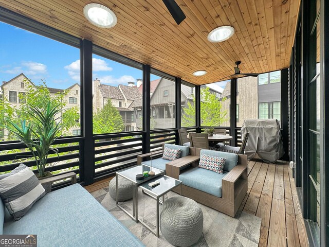 300 Mado Ln, Chattahoochee Hills, GA 30268 - sunroom featuring outdoor lounge area, ceiling fan, and a residential view