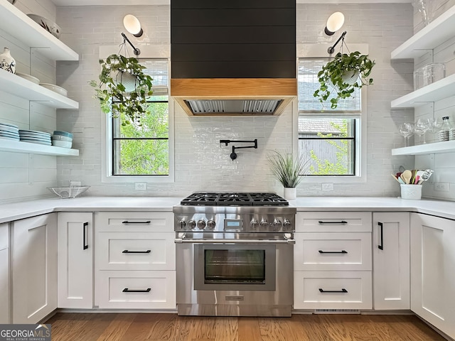 300 Mado Ln, Chattahoochee Hills, GA 30268 - kitchen featuring backsplash, open shelves, high end stainless steel range, and custom exhaust hood