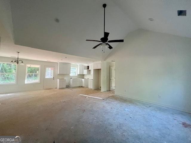 189 Warner Rd, Barnesville, GA 30204 - unfurnished living room with ceiling fan and high vaulted ceiling