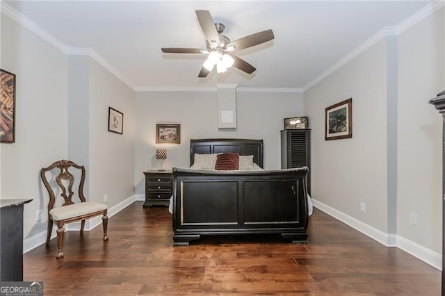 bedroom with ornamental molding, dark wood-style floors, a ceiling fan, and baseboards