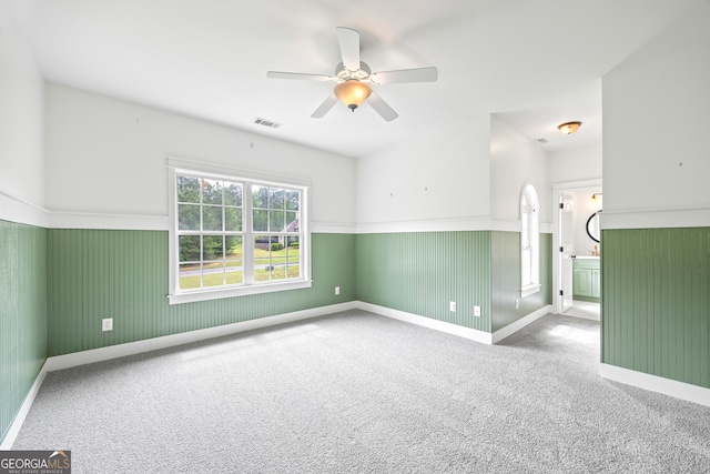 139 Thornhill Cir, Athens, GA 30607 - carpeted empty room featuring a wainscoted wall, baseboards, a ceiling fan, and visible vents