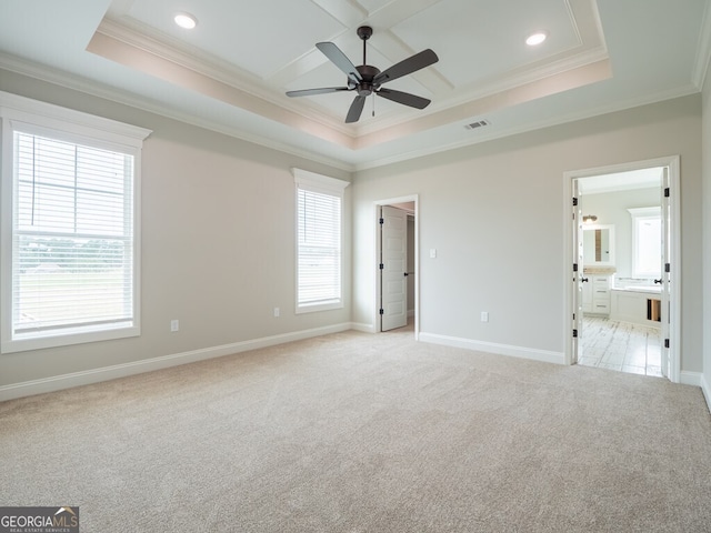 153 Lakeridge Dr, Adel, GA 31620 - unfurnished bedroom featuring crown molding, light colored carpet, visible vents, coffered ceiling, and baseboards