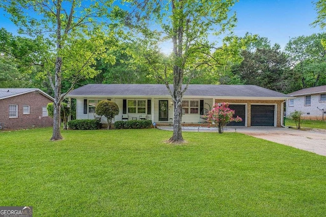 4393 Housworth Dr, Stonecrest, GA 30038 - ranch-style house with a porch, a front lawn, driveway, and an attached garage