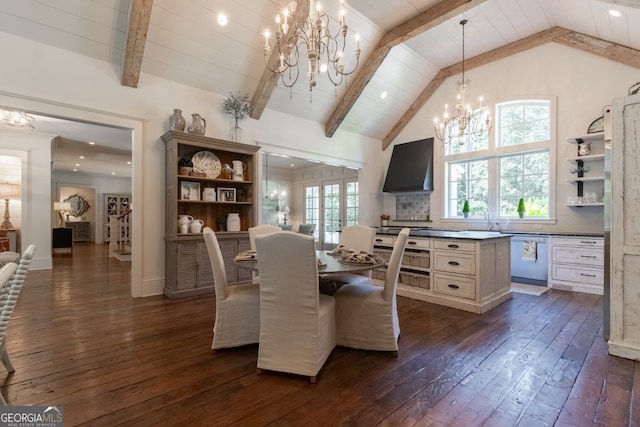 dining room with recessed lighting, beamed ceiling, dark wood-style flooring, high vaulted ceiling, and a notable chandelier