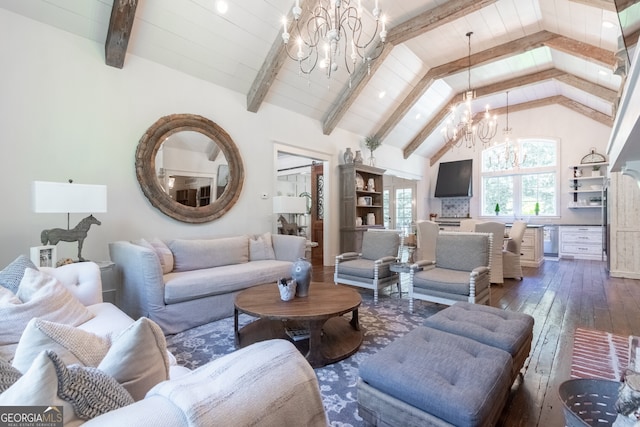 living room featuring beam ceiling, a chandelier, hardwood / wood-style flooring, and high vaulted ceiling