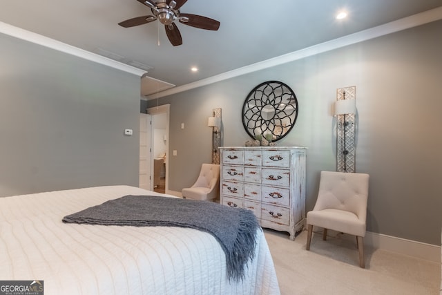 bedroom featuring recessed lighting, attic access, light carpet, ceiling fan, and crown molding