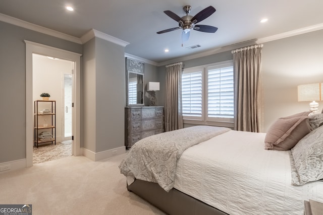 carpeted bedroom with recessed lighting, crown molding, a ceiling fan, visible vents, and baseboards