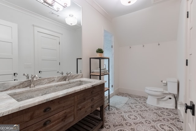 full bath with ornamental molding, toilet, vanity, visible vents, and a stall shower