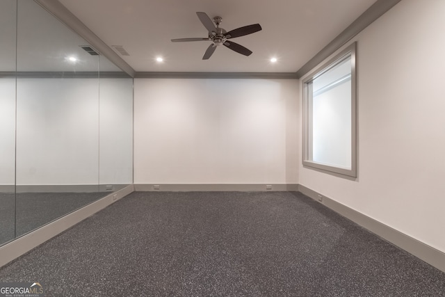 spare room with recessed lighting, a ceiling fan, visible vents, and baseboards