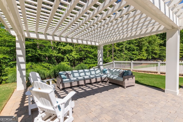 view of patio with outdoor lounge area, fence, and a pergola