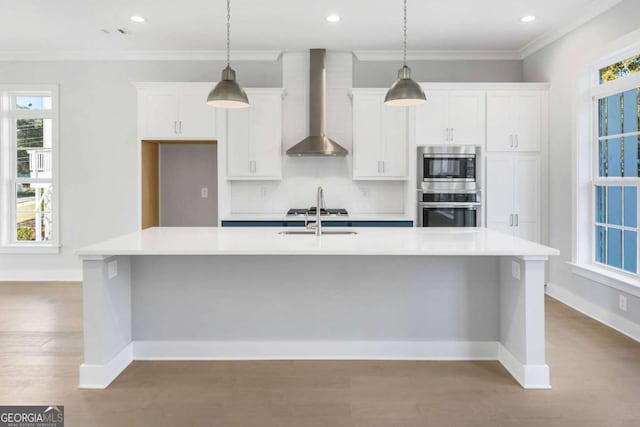 kitchen with appliances with stainless steel finishes, white cabinetry, wall chimney range hood, and a spacious island