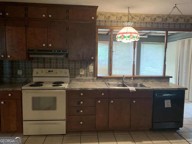 96 Glencrest Dr, Toccoa, GA 30577 - kitchen featuring light tile patterned floors, electric range, under cabinet range hood, dishwasher, and a sink