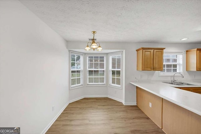 unfurnished dining area with a sink, a chandelier, light wood-type flooring, baseboards, and a textured ceiling