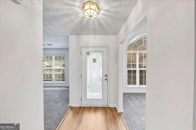 entryway featuring a textured ceiling, wood finished floors, carpet floors, and baseboards