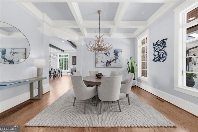 dining area with beamed ceiling, a chandelier, coffered ceiling, baseboards, and wood finished floors
