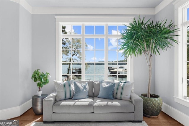 interior space featuring a water view, wood finished floors, and baseboards