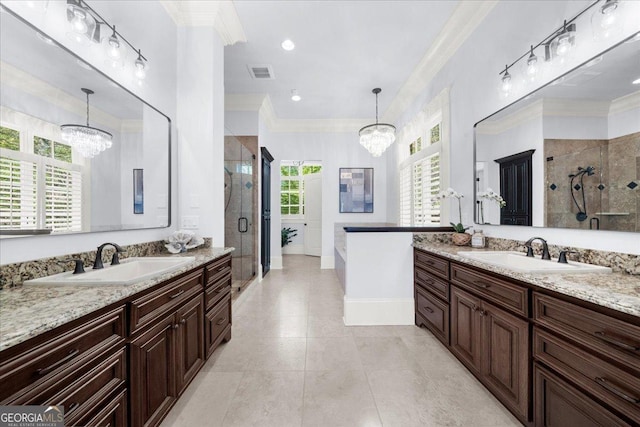 full bathroom with a notable chandelier, a sink, and visible vents