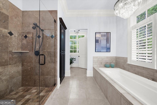 full bath with a garden tub, a shower stall, ornamental molding, and a healthy amount of sunlight