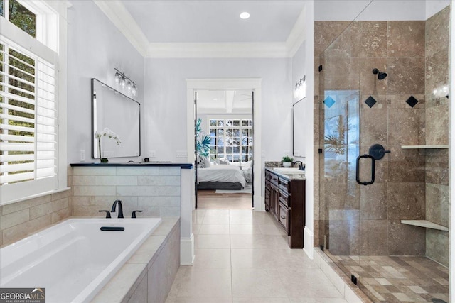 full bathroom featuring a shower stall, connected bathroom, a garden tub, and crown molding