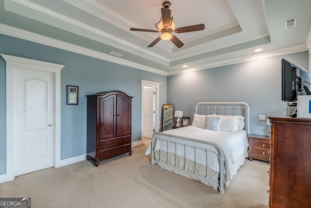 bedroom featuring visible vents, crown molding, and carpet flooring