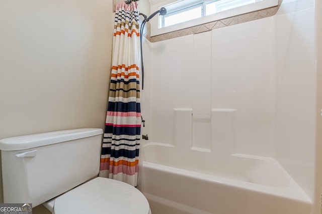 full bath with shower / bathtub combination with curtain and toilet