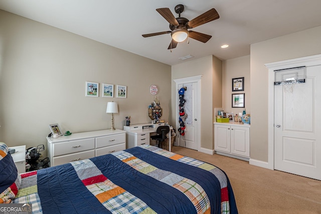 bedroom featuring recessed lighting, light carpet, ceiling fan, baseboards, and visible vents